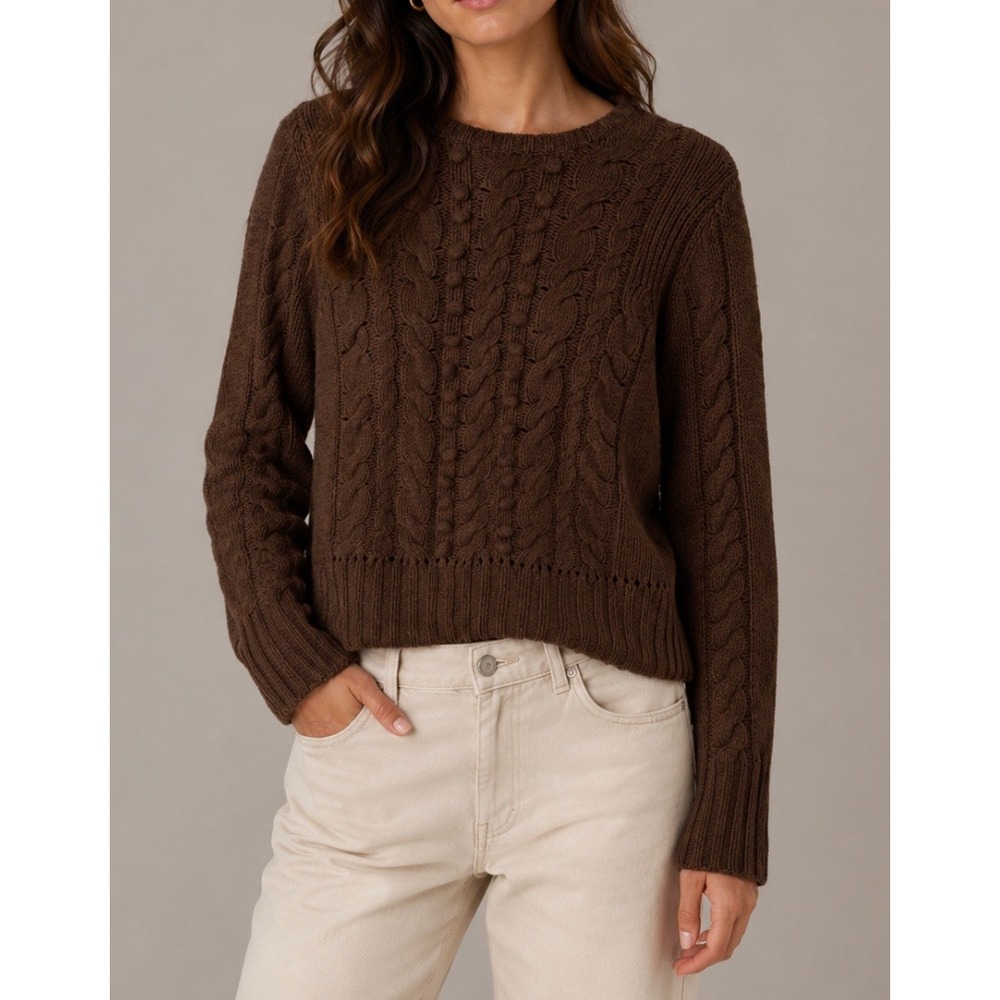 Vtg Mariele Waithe Brown 100% Cashmere Cable Knit Bobble Sweater Medium Womens